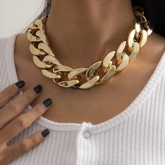 Acrylic Gold Chunky Chain Necklace Earrings Set for Women,Punk Short Thick Wide - Picture 2 of 9